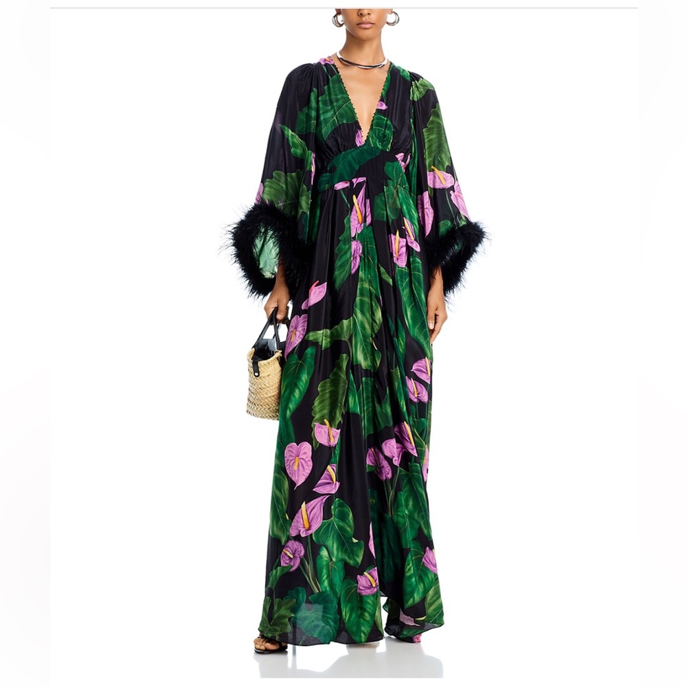 NWT FARM Rio feather-trimmed floral-print maxi dress